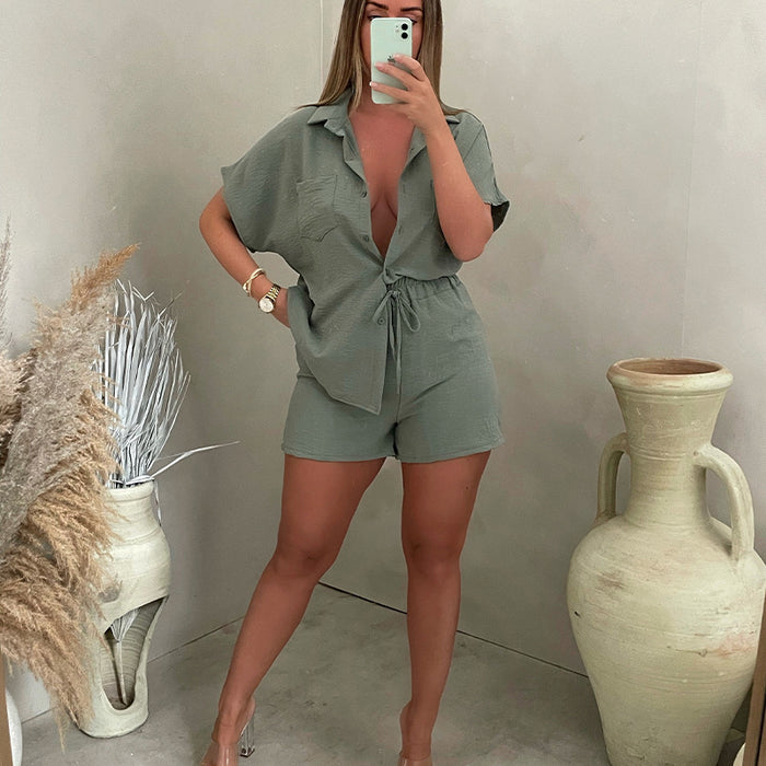 Latin Casual Suit Solid Color Classic Single Breasted Sleeve Shirt Elastic Waist Shorts Two Piece Set