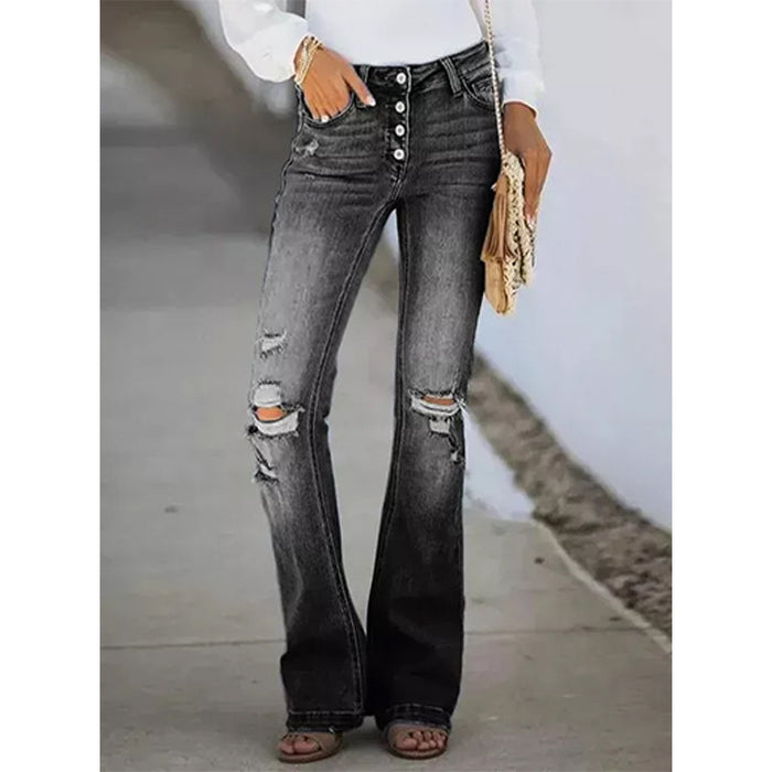 Spring Summer Retro Slimming Multi Button High Waist Micro Pull Washed Women Jeans