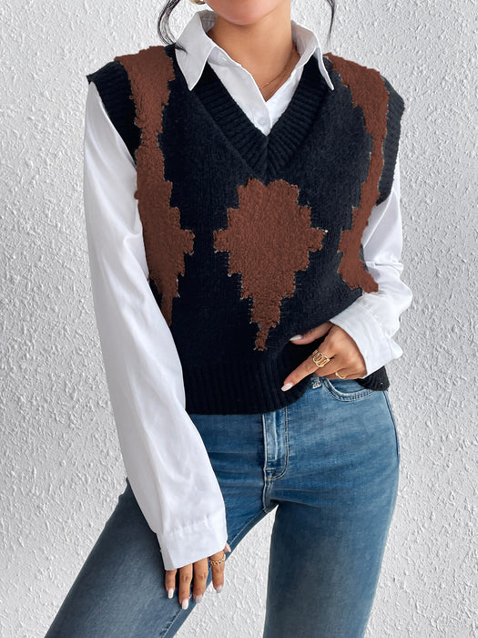 Autumn Winter Simple Color Contrast Patchwork Diamond Lattice Pullover Vest Knitted