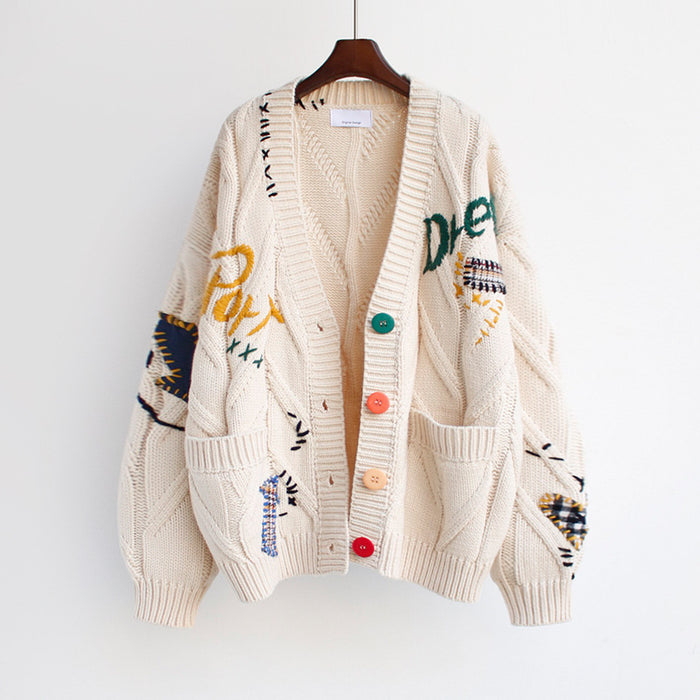 Loose Twist Embroidery Patch Color Button Thickened Knitting Sweater Cardigan Coat Women