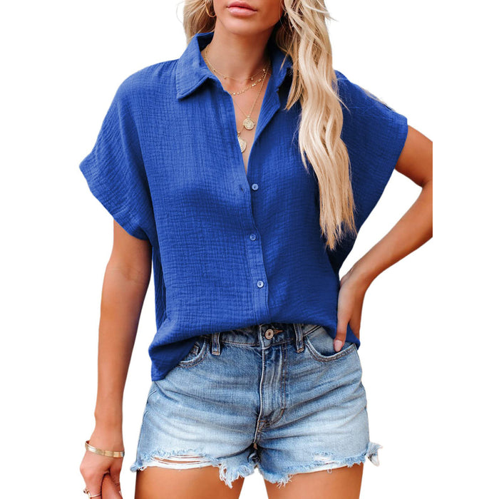 Summer Casual V Neck Button Shirt Women Solid Color Short Sleeve Shirt Top