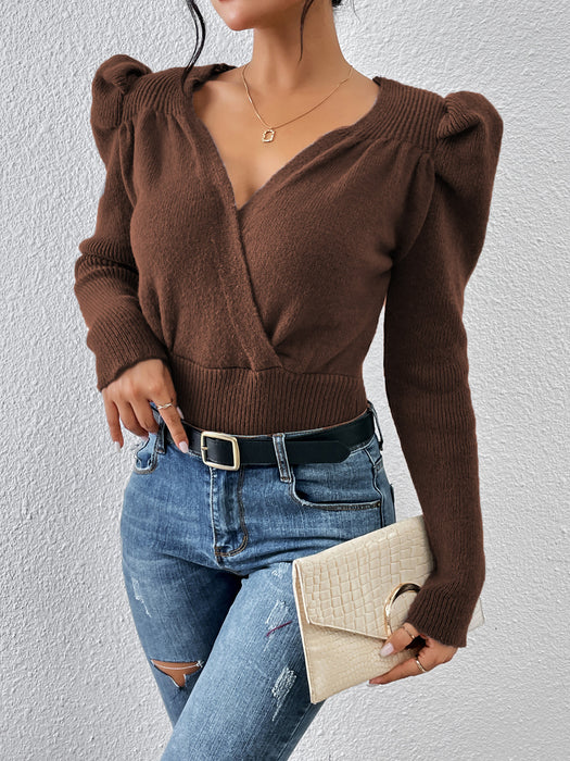 Autumn Winter Knitwear Collar Shrug Puff Sleeve Pullover Sweater for Women