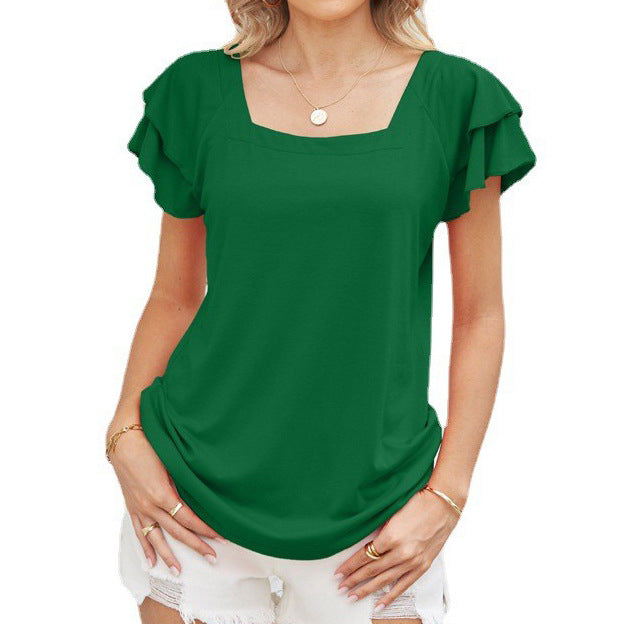 Summer Square Collar Ruffle Sleeve Petal Sleeve Short Sleeve Loose T Shirt Top Women