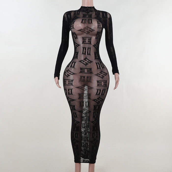 Letter Graphic Printed Sexy Sheer Long Sleeve Dress Sexy Tight Turtleneck Dress for Women