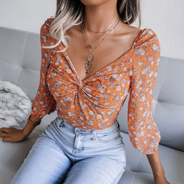 Autumn Winter Sexy V-neck Knotted Floral Chiffon Shirt Top Women Clothing