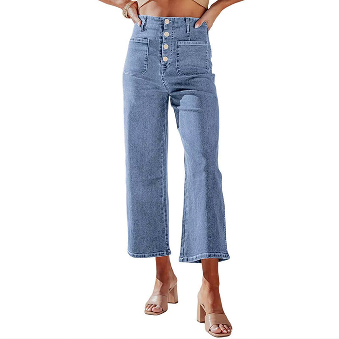 Retro Loose Straight Single Row Ornament High Waist Wide Leg Women Jeans Cropped Pants