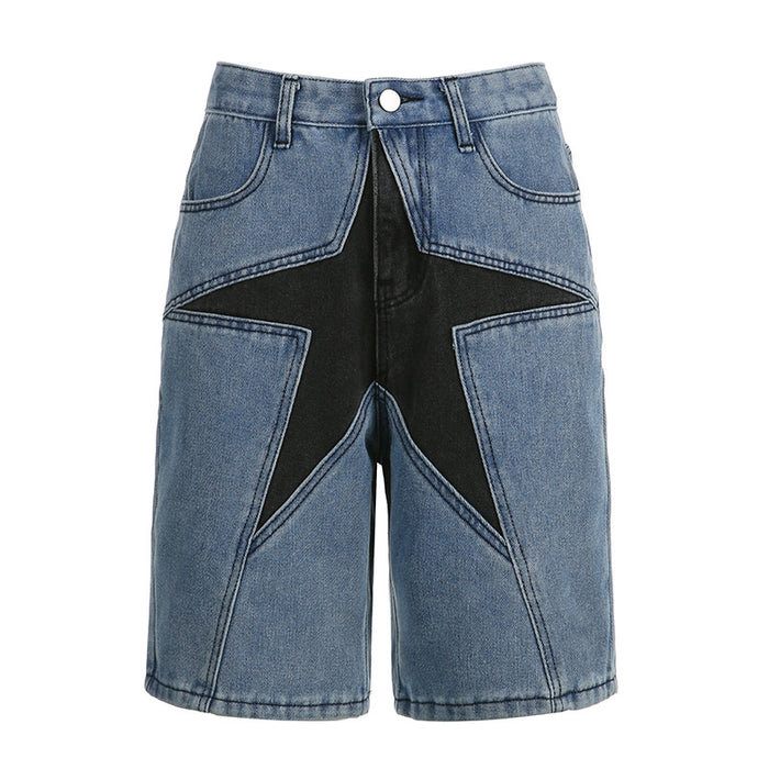 Color Matching Five Pointed Star Denim Pants Wash Split Design Low Waist Casual Straight Pants Without Belt