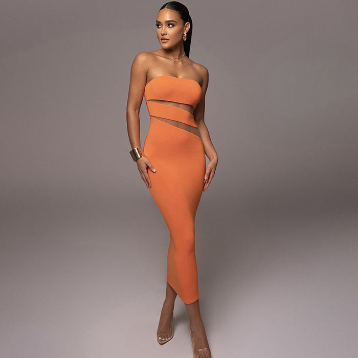 Sexy Elegant Party Maxi Dress Tube Top Hollow Out Cutout Sheath Slim Dress