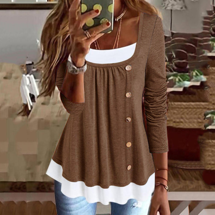 Women Casual round Neck Long Sleeve Pullover  Pleating Solid Color Buttons Women