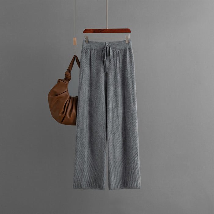 Autumn Winter Knitted Wide Leg Pants Women Elastic Waist Drawstring Slimming Casual Pants Straight Knitted Trousers