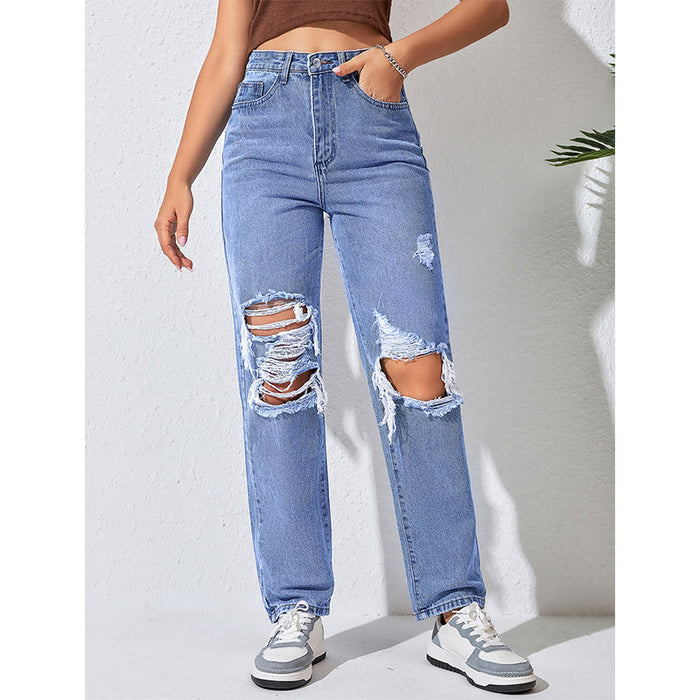 Autumn Winter Women Jeans Street Straight Leg Pants Ripped Slimming Trousers Women