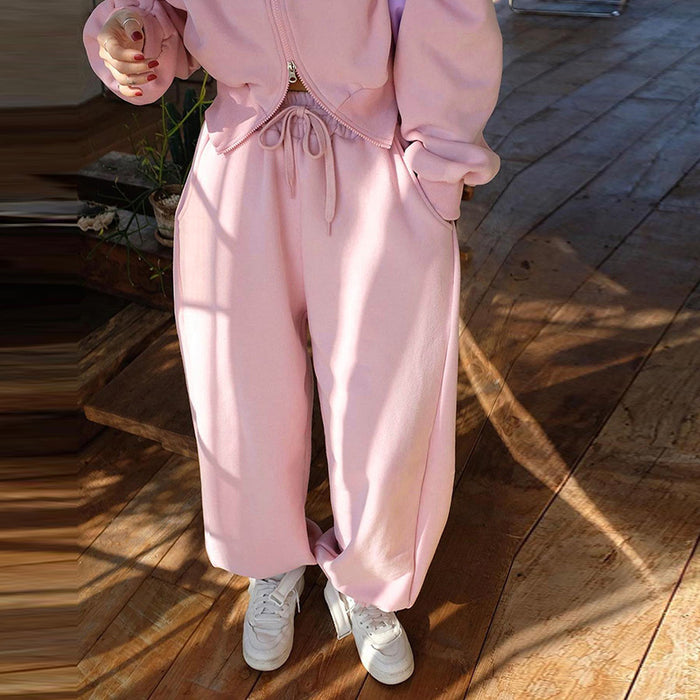 Casual Pink Coat Sweatshirt Solid Color with Fur Trousers Long Sleeve Sportswear Autumn Winter Pant Sets