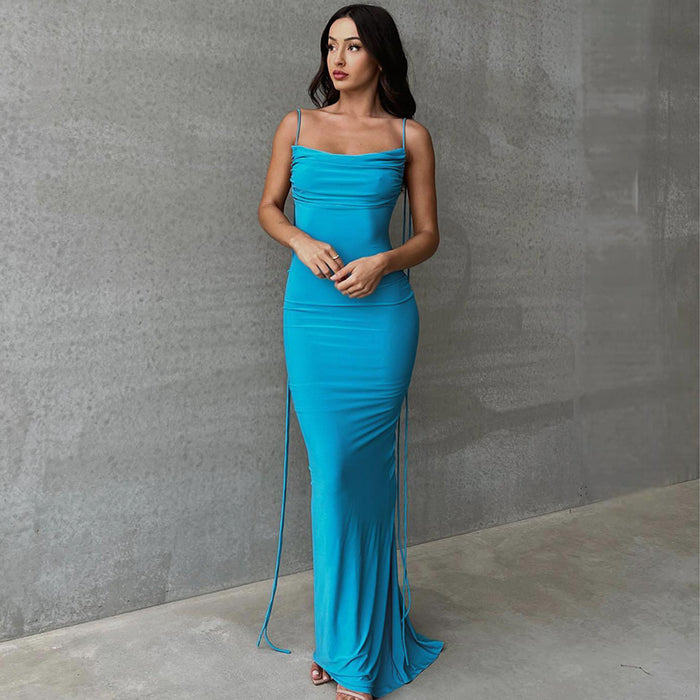 Solid Color Sexy Backless Pleated Long Elegant Slim Strap Dress for Women