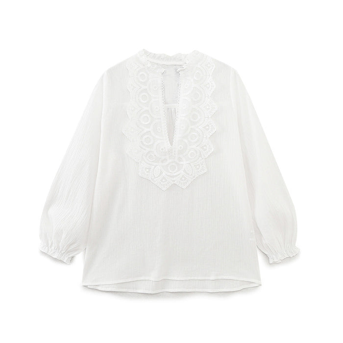 Spring Long Loose Casual Chest Embossed Lace Decorative Shirt