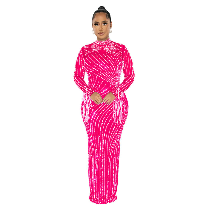 Women Wear Mesh See Through Drilling Long Sleeve Lining Two Piece Set