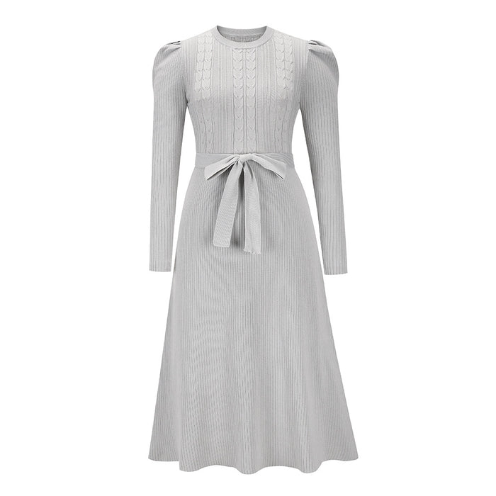 Autumn Winter Bubble Long Sleeve Knitted Dress Mid-Length Elegant Slimming High Waist Big Swing Dress Base Sweater Dress