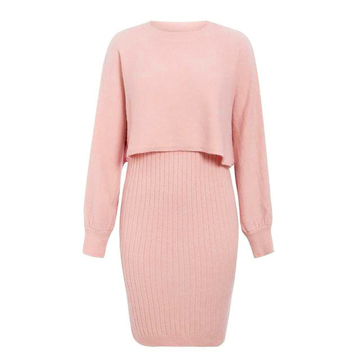 Sexy Knitted Dress Two Piece Set Autumn Winter Solid Color Long Sleeve Sweater Women