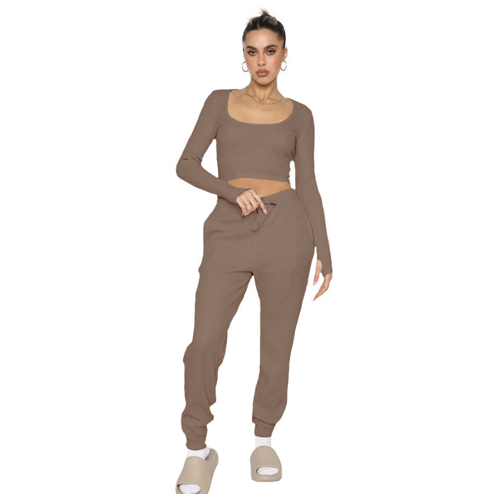 Autumn Winter U Collar Pullover Long Sleeved Women Two Piece Suit Casual Trousers