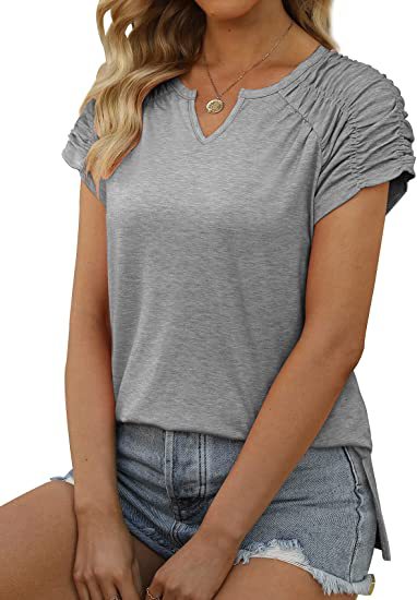 Summer Women Clothing V neck Cuff Pleating Hem Split Short Sleeved T shirt