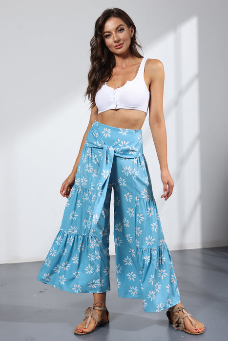 Summer New Digital Printing Women Clothing Loose Casual Cropped Pants Beach Wide-Leg Pants Lace-up Pants