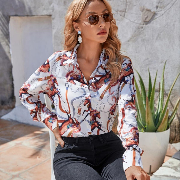 Top Shirt Spring Autumn Long Sleeve Geometric Abstract Printing Elegant Single Breasted Cardigan Shirt Women