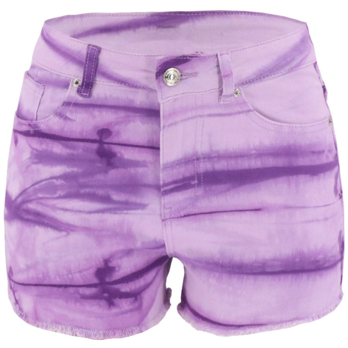 Spring  Light Purple Dyed Street Hipster Washed Mid-Waist Women Short Jeans