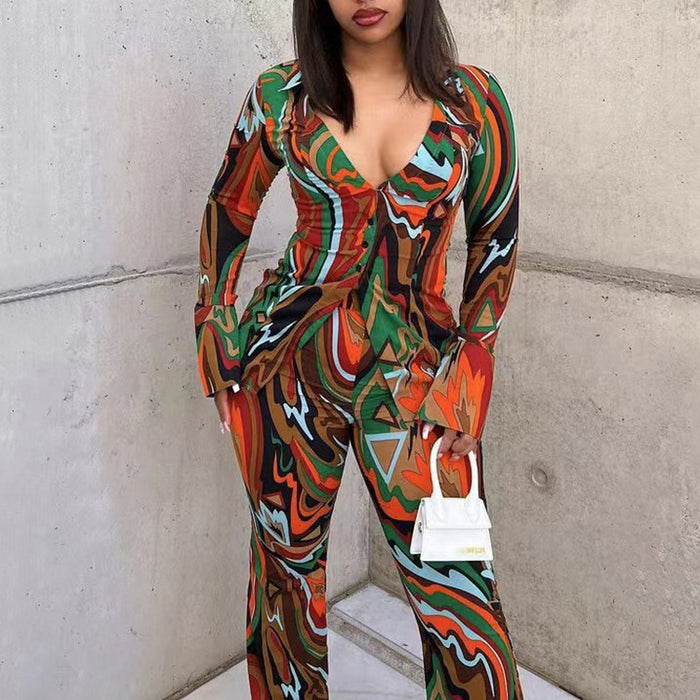 Fall Deep V Plunge Suit Women Sexy Print Shirt Wide Leg Pants Casual Two Piece Suit