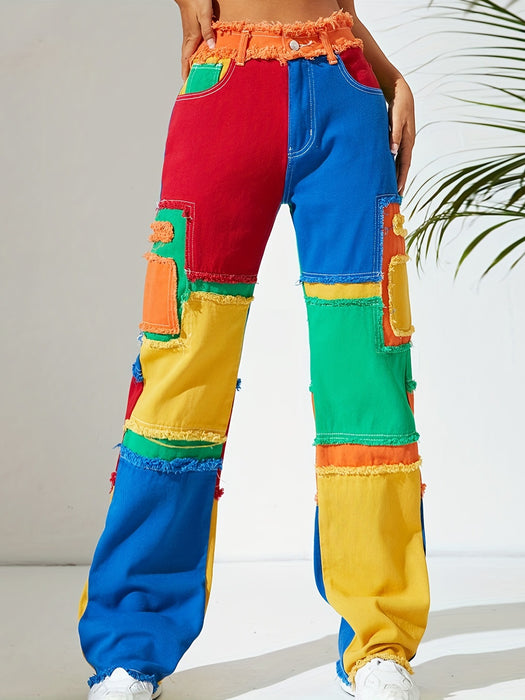 Personalized Colorful Street Stitching Frayed Hem All Matching High Waist Loose Straight Leg Denim Trousers for Women