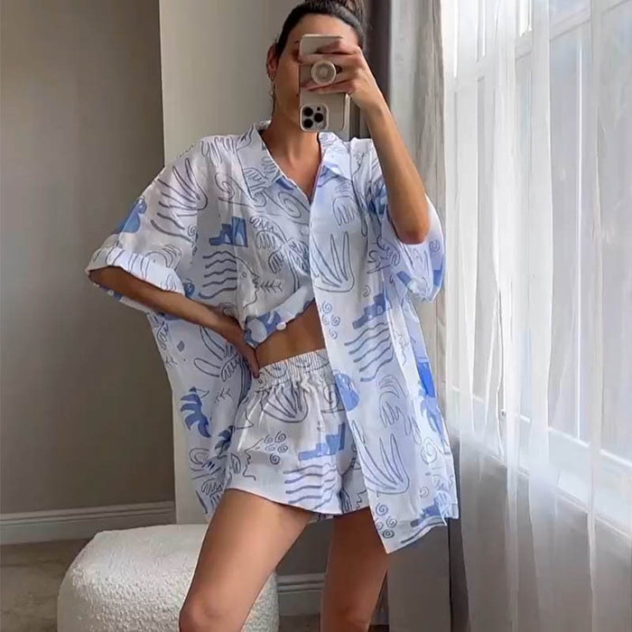 Spring Summer Casual Holiday Idle Creative Printing Shirt Shorts Suit