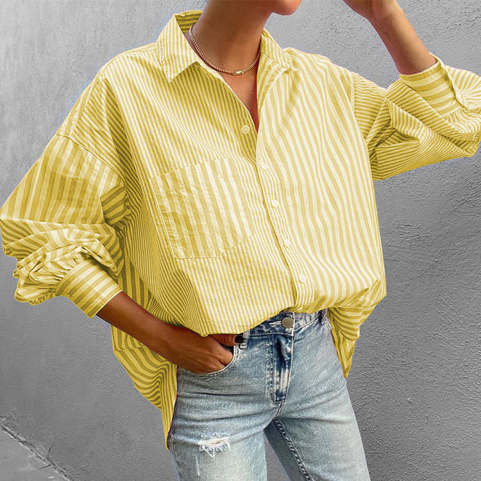 Autumn Women Clothing Collared Loose Long Sleeve Striped Shirt