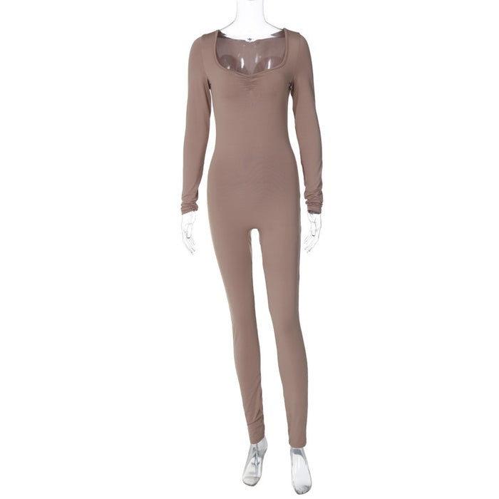 Winter Solid Color Square Collar Pleated Long Sleeve Slim Fit Sports Yoga Jumpsuit Women