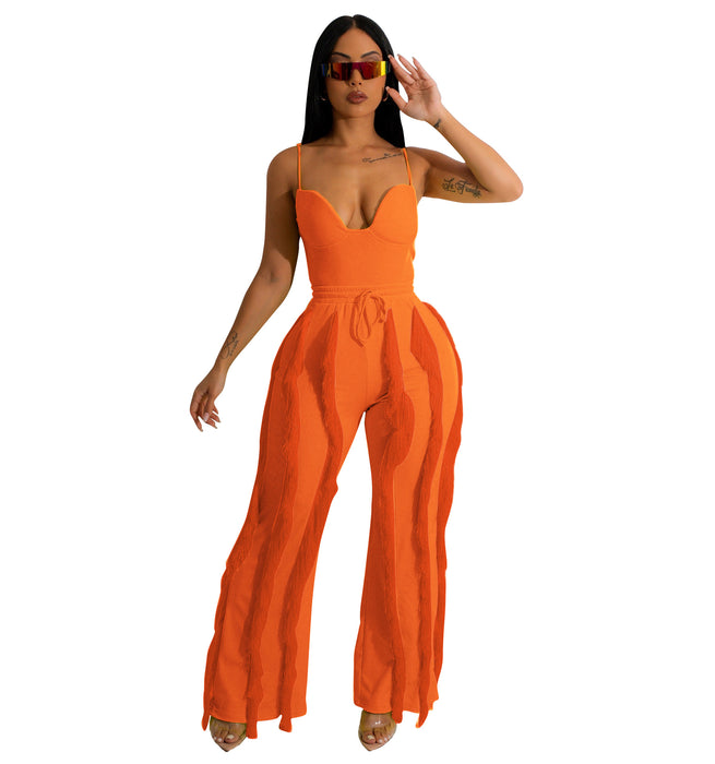 Women Clothing Suit Tassel Lace Sling Jumpsuit Two Piece Set Straight Leg Pants Summer