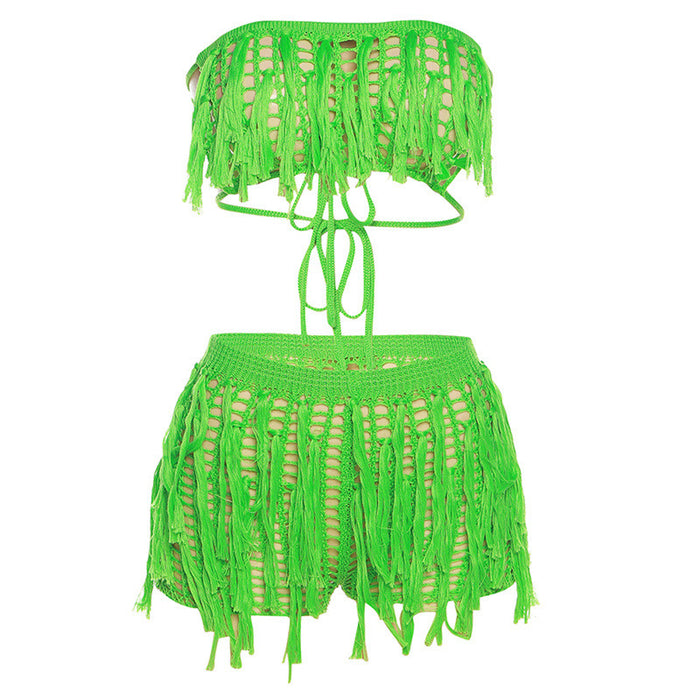 Summer Tassel Sexy Wrapped Chest See through High Waist Hip Lift Shorts Set for Women