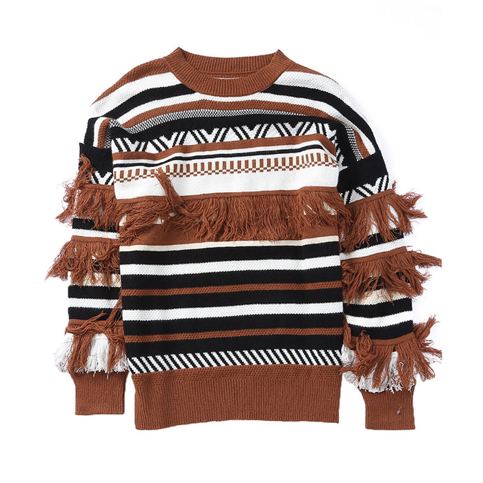 Multi Color round Neck Striped Tassel Sweater Women Winter Long Sleeve Sweater