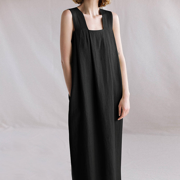 Ramie Sleeveless Maxi Dress Spring Summer French Design Loose Linen Cotton Linen Square Collar Cami Dress