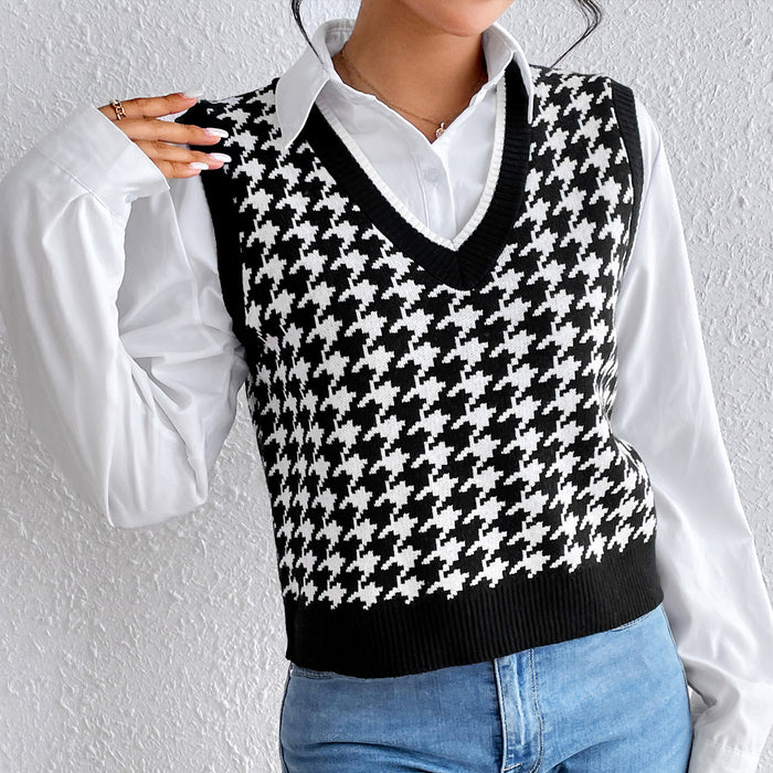 Autumn Winter Simple Contrast Color Matching Houndstooth Pullover Vest Knitted Sweater