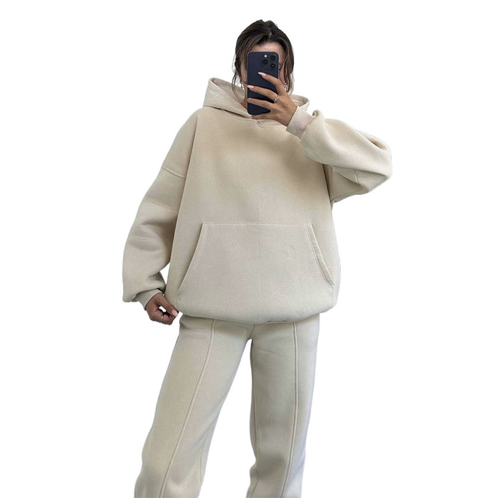 Autumn Winter Solid Color Thickened Brushed Hoody Two Piece Set Casual Trousers Suit