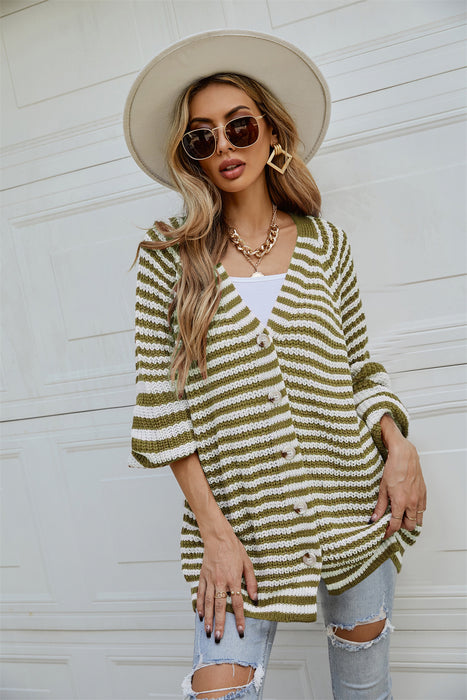 Autumn Winter Fashionable Striped Knitted plus Size Loose Idle Brown Single Breasted V neck Cardigan Sweater