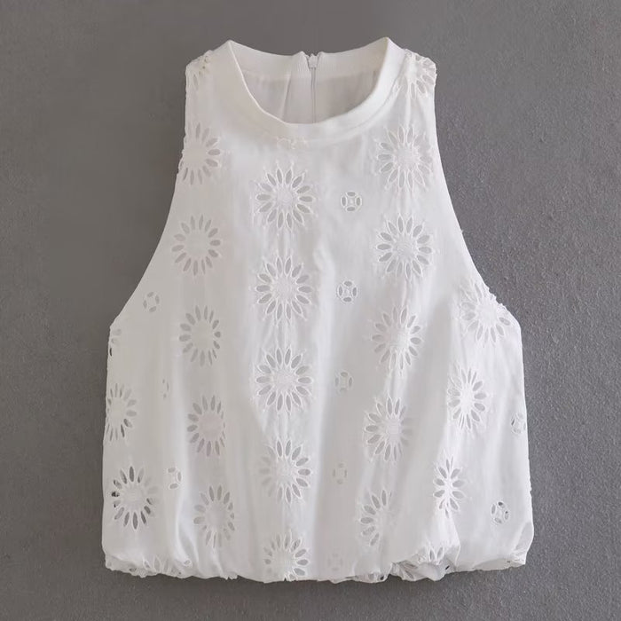 Summer Women  Clothing  Hollow Out Cutout Embroidered Top Skirt Set