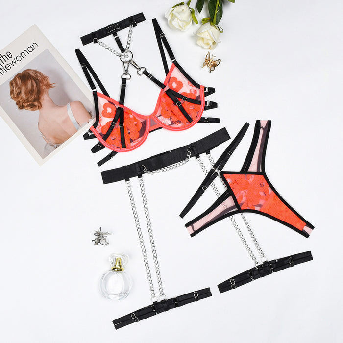 Embroidered Mesh Splicing Detachable Contrast Color Sexy Lingerie Neck Ring Garter Set for Women