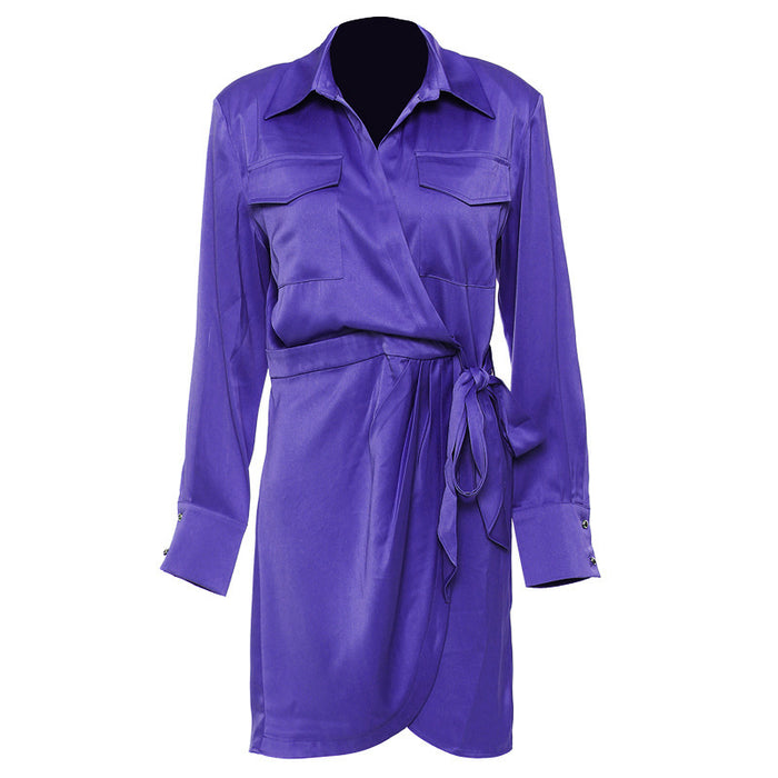 Luxury Satin Tooling Pocket Mid Length Shirt Shirt Dress for Women