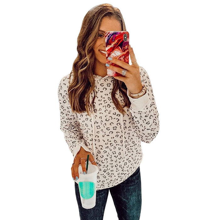 Leopard Print Drawstring Hoodie Women Autumn Winter All Match Long Sleeve Pullover