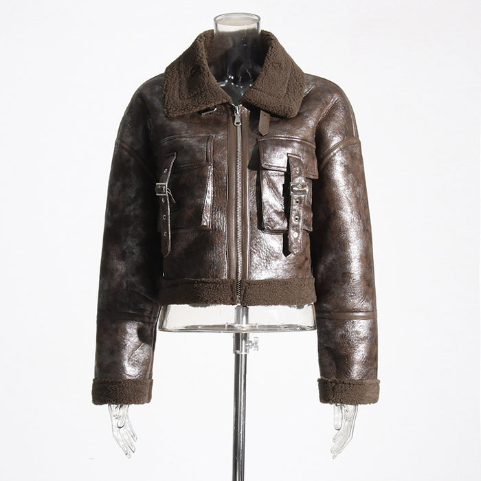 Maillard Faux Shearling Jacket Short Coat Autumn Retro Design Stitching Leather Coat