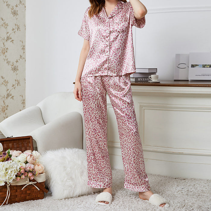 Cardigan Button Ice Silk Pajamas Summer Sexy Short Sleeved Trousers Homewear Suit Casual Leopard Print Pajamas