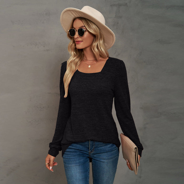 Autumn Winter Popular T shirt Solid Color Pleated Long Sleeve Casual Puff Sleeve Bottoming Shirt