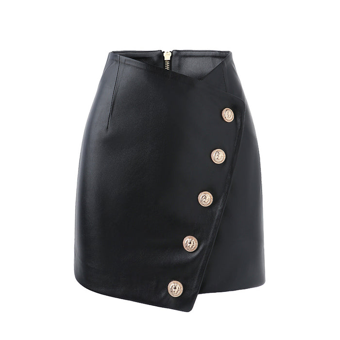 Spring Autumn Faux Leather Irregular Asymmetric Design Metal Buckle Zipper Skirt Short Hip Skirt