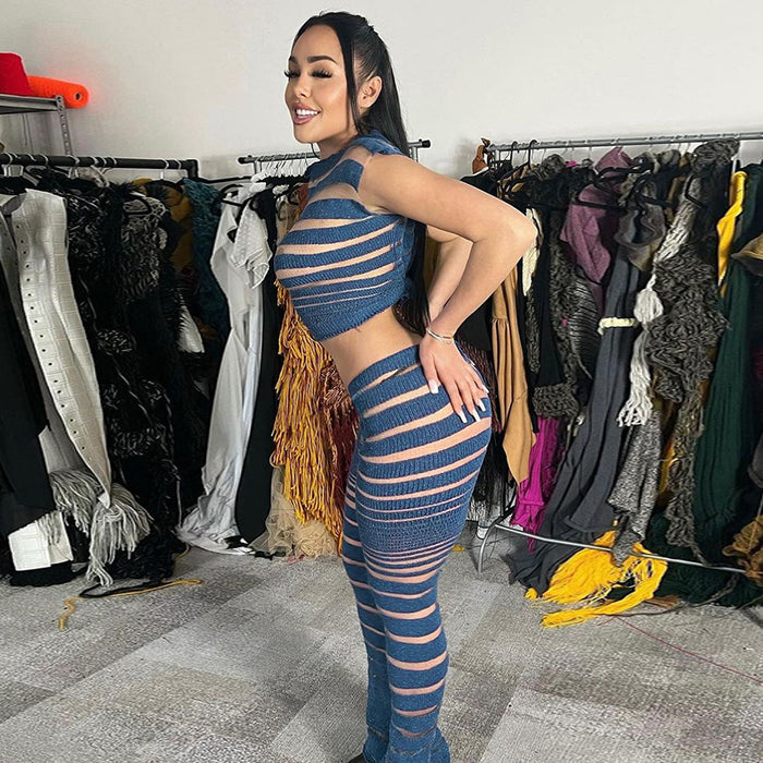 High Waist Striped Mesh Sexy See through Straight Slim Fitting All Matching Sexy Bootcut Pants