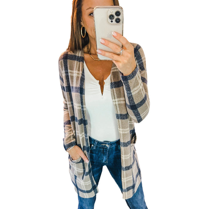 Khaki Plaid Pocket Top Women Autumn Thin Mid Length Outerwear