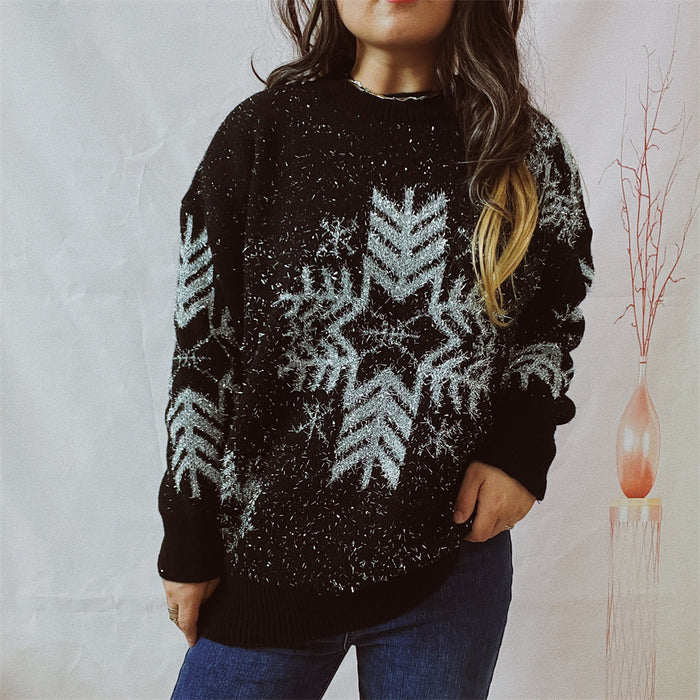 Autumn Winter Loose Gold Line Big Snowflake Christmas Sweater Round Neck Long Sleeved Thickened Pullover Women