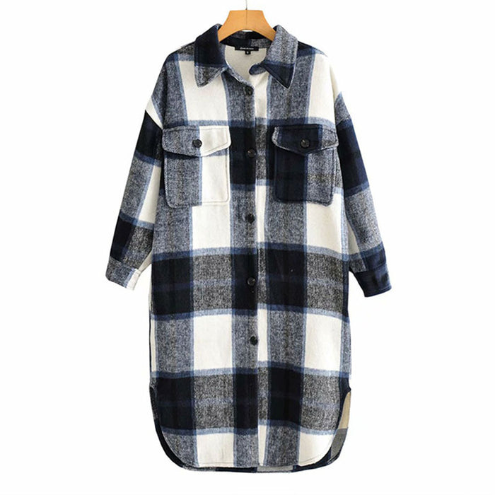 Women Casual Plaid Loose Long Sleeves Long Woolen Coat Overcoat